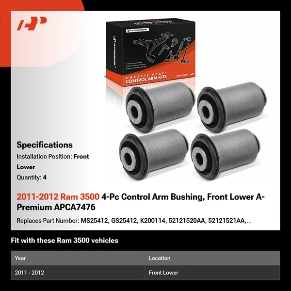 2011-2012 Ram 3500 4-Pc Control Arm Bushing, Front Lower A-Premium APCA7476