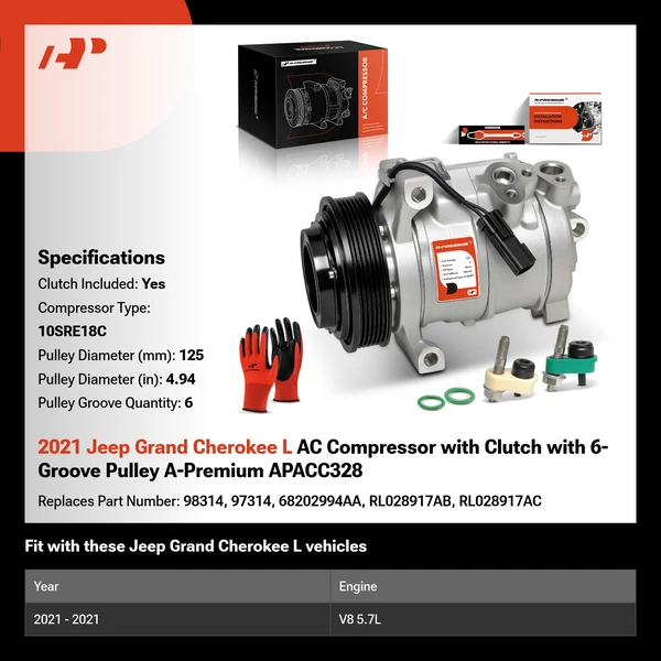 2021 Jeep Grand Cherokee L AC Compressor with Clutch with 6-Groove Pulley A-Premium APACC328