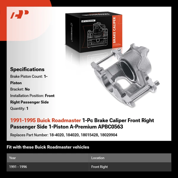 1991-1995 Buick Roadmaster 1-Pc Brake Caliper Front Right Passenger Side 1-Piston A-Premium APBC0563