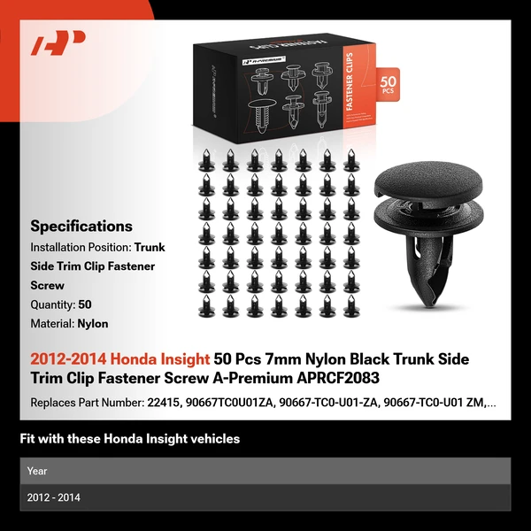 2012-2014 Honda Insight 50 Pcs 7mm Nylon Black Trunk Side Trim Clip Fastener Screw A-Premium APRCF2083