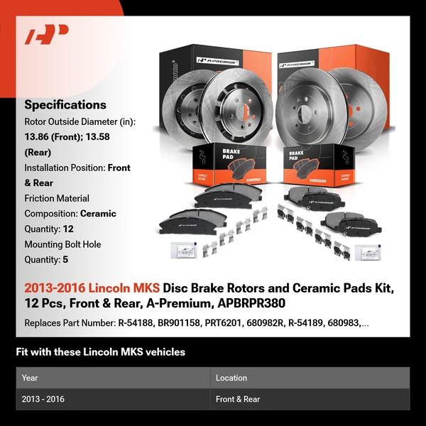 2013-2016 Lincoln MKS Disc Brake Rotors and Ceramic Pads Kit, 12 Pcs, Front & Rear, A-Premium, APBRPR380