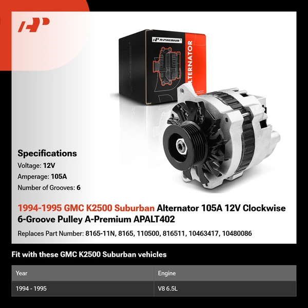 1994-1995 GMC K2500 Suburban Alternator 105A 12V Clockwise 6-Groove Pulley A-Premium APALT402