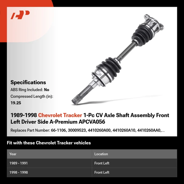 1989-1998 Chevrolet Tracker 1-Pc CV Axle Shaft Assembly Front Left Driver Side A-Premium APCVA056