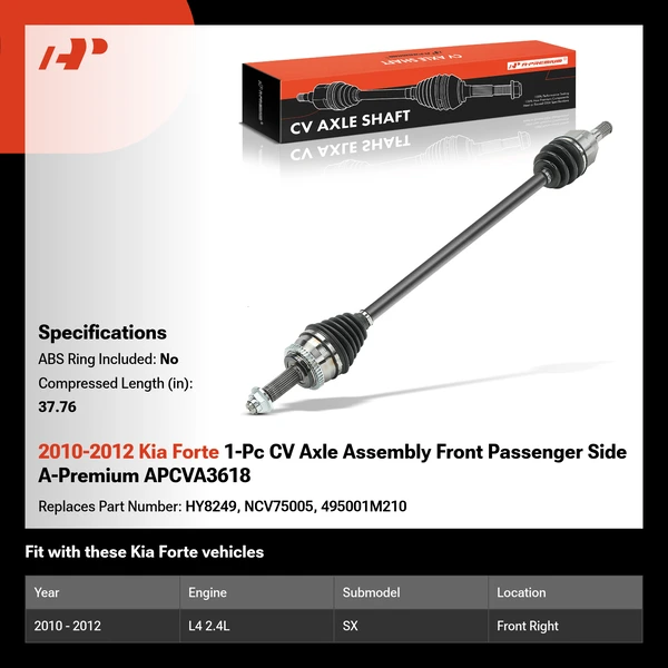 2010-2012 Kia Forte 1-Pc CV Axle Assembly Front Passenger Side A-Premium APCVA3618
