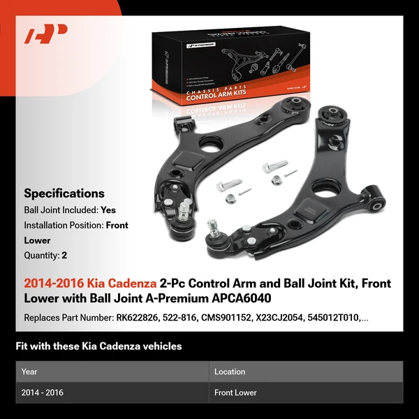 2014-2016 Kia Cadenza 2-Pc Control Arm and Ball Joint Kit, Front Lower with Ball Joint A-Premium APCA6040