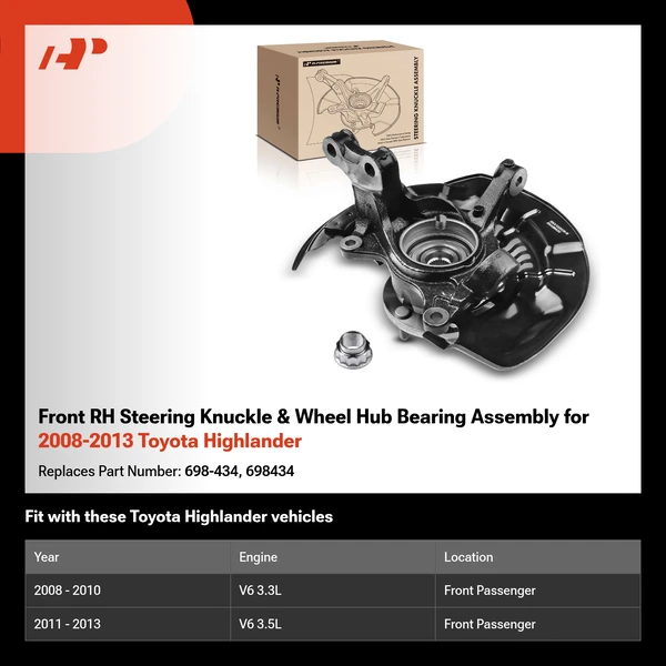 Front RH Steering Knuckle & Wheel Hub Bearing Assembly for 2008-2013 Toyota Highlander