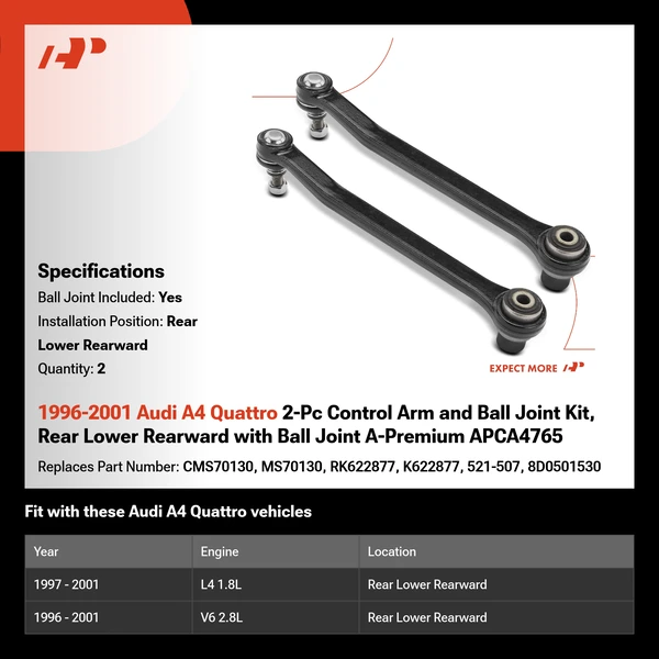 1996-2001 Audi A4 Quattro 2-Pc Control Arm and Ball Joint Kit, Rear Lower Rearward with Ball Joint A-Premium APCA4765