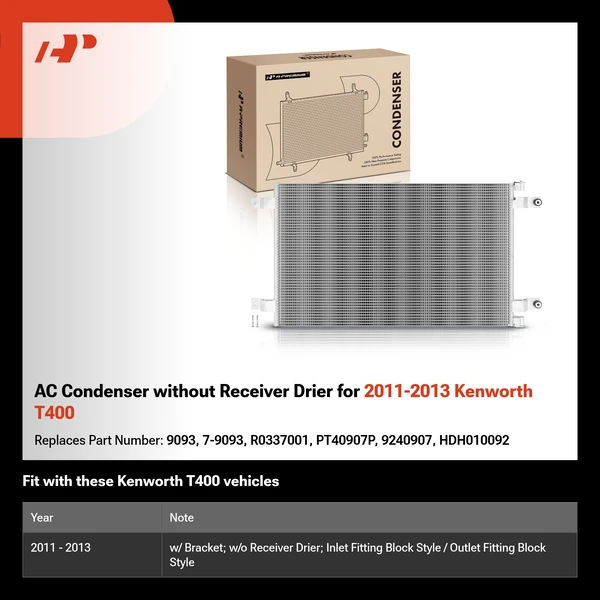 AC Condenser without Receiver Drier for 2011-2013 Kenworth T400