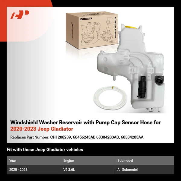 Windshield Washer Reservoir with Pump Cap Sensor Hose for 2020-2023 Jeep Gladiator