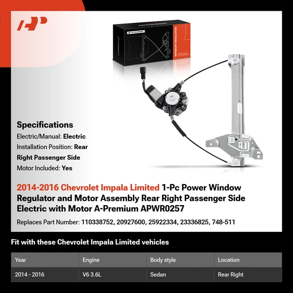 2014-2016 Chevrolet Impala Limited 1-Pc Power Window Regulator and Motor Assembly Rear Right Passenger Side Electric with Motor A-Premium APWR0257
