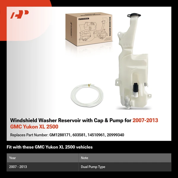 Windshield Washer Reservoir with Cap & Pump for 2007-2013 GMC Yukon XL 2500