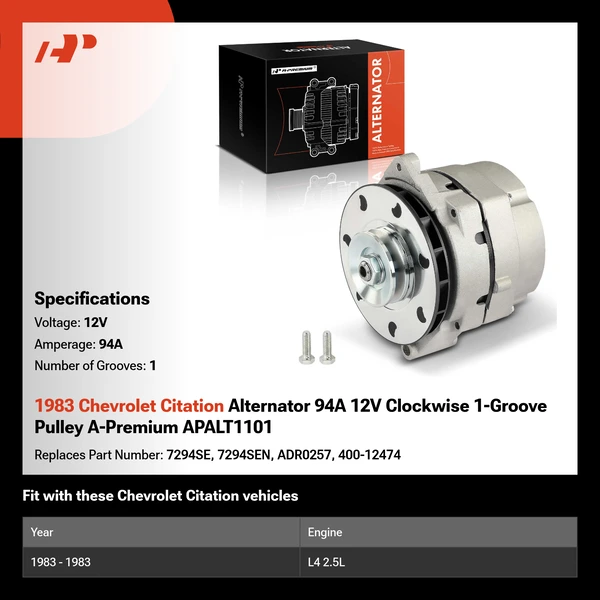 1983 Chevrolet Citation Alternator 94A 12V Clockwise 1-Groove Pulley A-Premium APALT1101