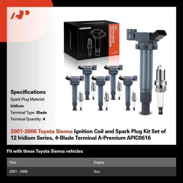 2001-2006 Toyota Sienna Ignition Coil and Spark Plug Kit Set of 12 Iridium Series, 4-Blade Terminal A-Premium APIC0616