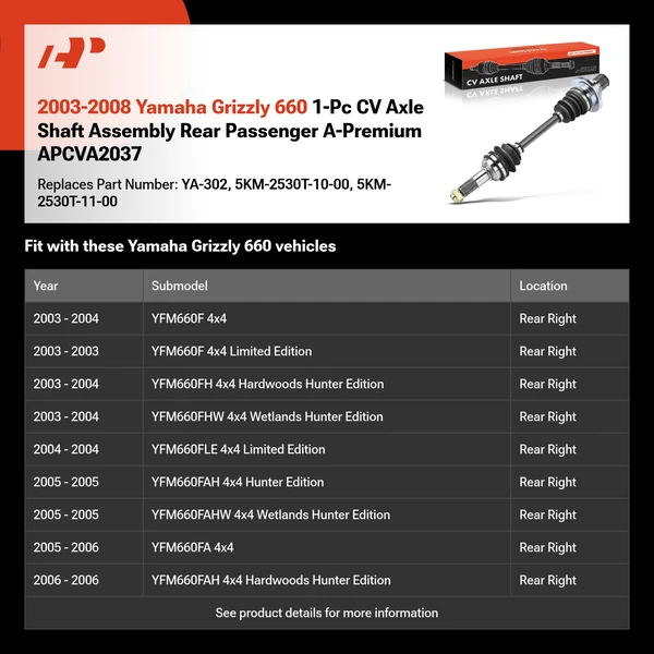 2003-2008 Yamaha Grizzly 660 1-Pc CV Axle Shaft Assembly Rear Passenger A-Premium APCVA2037