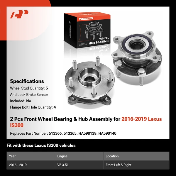 2 Pcs Front Wheel Bearing & Hub Assembly for 2016-2019 Lexus IS300