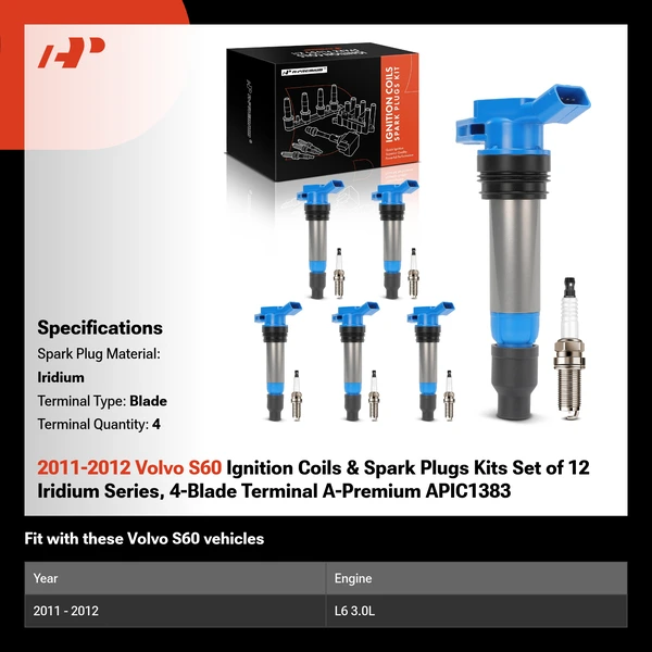 2011-2012 Volvo S60 Ignition Coils & Spark Plugs Kits Set of 12 Iridium Series, 4-Blade Terminal A-Premium APIC1383