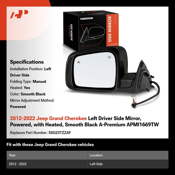 2012-2022 Jeep Grand Cherokee Left Driver Side Mirror, Powered, with Heated, Smooth Black A-Premium APMI1669TW