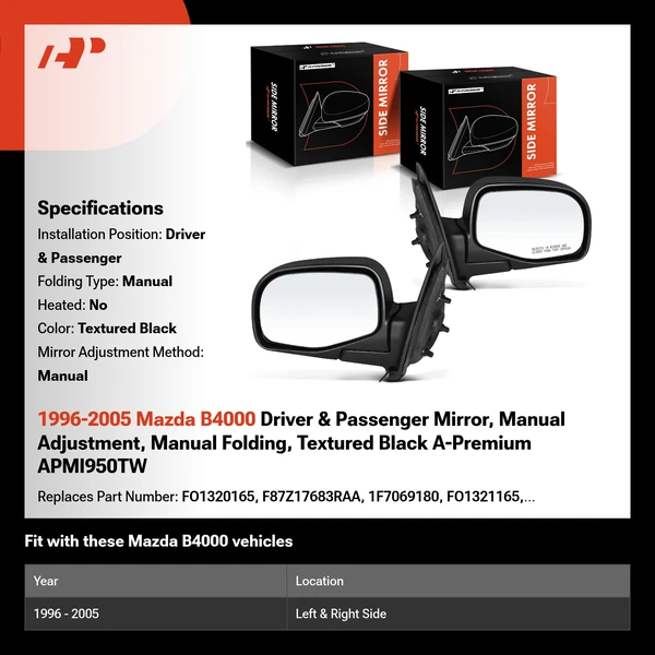 1996-2005 Mazda B4000 Driver & Passenger Mirror, Manual Adjustment, Manual Folding, Textured Black A-Premium APMI950TW