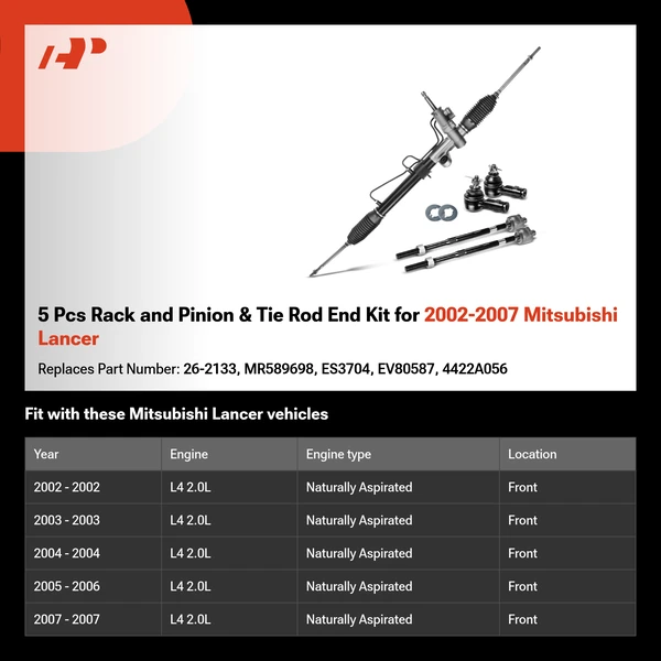 5 Pcs Rack and Pinion & Tie Rod End Kit for 2002-2007 Mitsubishi Lancer