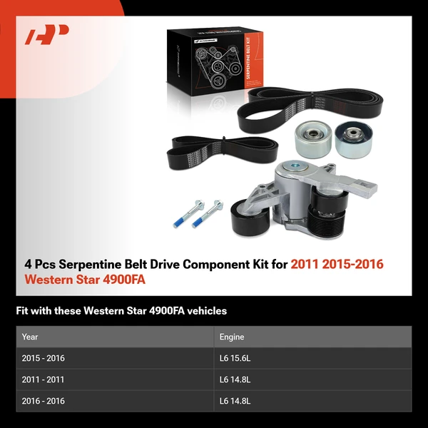 4 Pcs Serpentine Belt Drive Component Kit for 2011 2015-2016 Western Star 4900FA