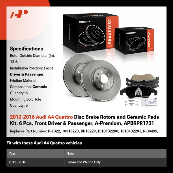 2012-2016 Audi A4 Quattro Disc Brake Rotors and Ceramic Pads Kit, 6 Pcs, Front Driver & Passenger, A-Premium, APBRPR1731