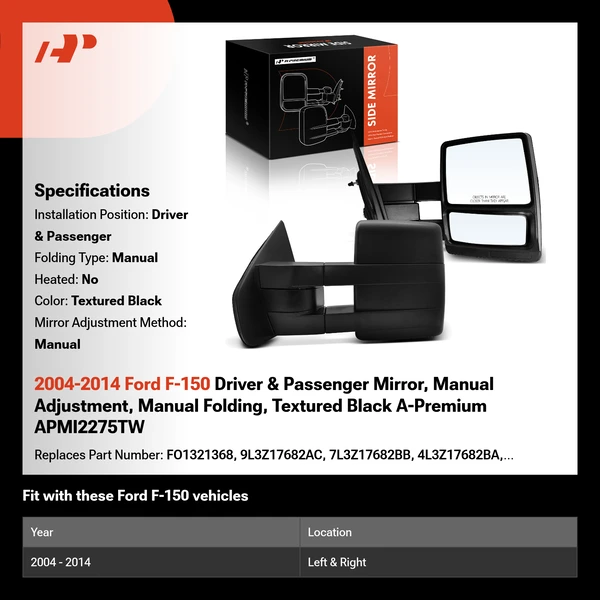2004-2014 Ford F-150 Driver & Passenger Mirror, Manual Adjustment, Manual Folding, Textured Black A-Premium APMI2275TW