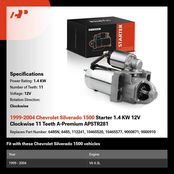 1999-2004 Chevrolet Silverado 1500 Starter 1.4 KW 12V Clockwise 11 Teeth A-Premium APSTR281