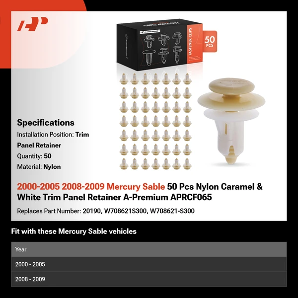 2000-2005 2008-2009 Mercury Sable 50 Pcs Nylon Caramel & White Trim Panel Retainer A-Premium APRCF065