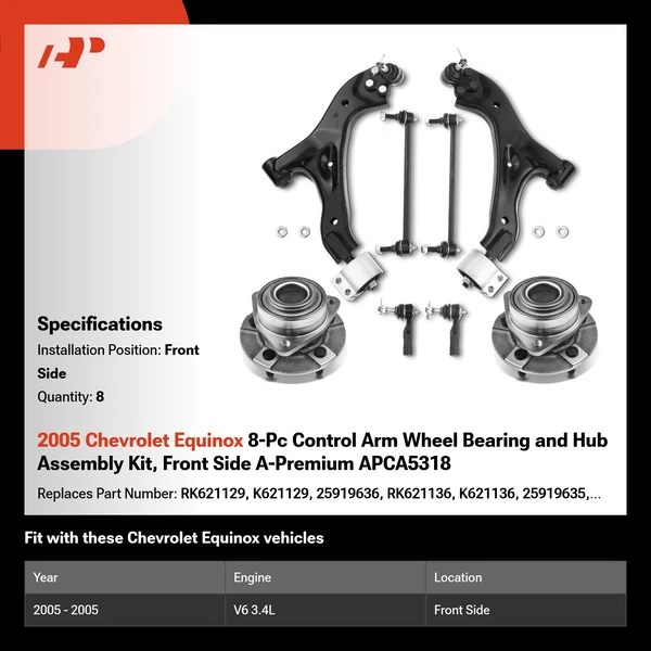2005 Chevrolet Equinox 8-Pc Control Arm Wheel Bearing and Hub Assembly Kit, Front Side A-Premium APCA5318