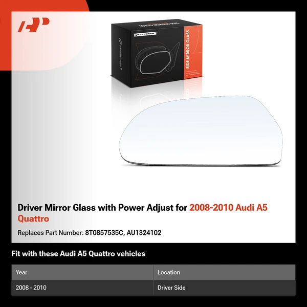 Driver Mirror Glass with Power Adjust for 2008-2010 Audi A5 Quattro