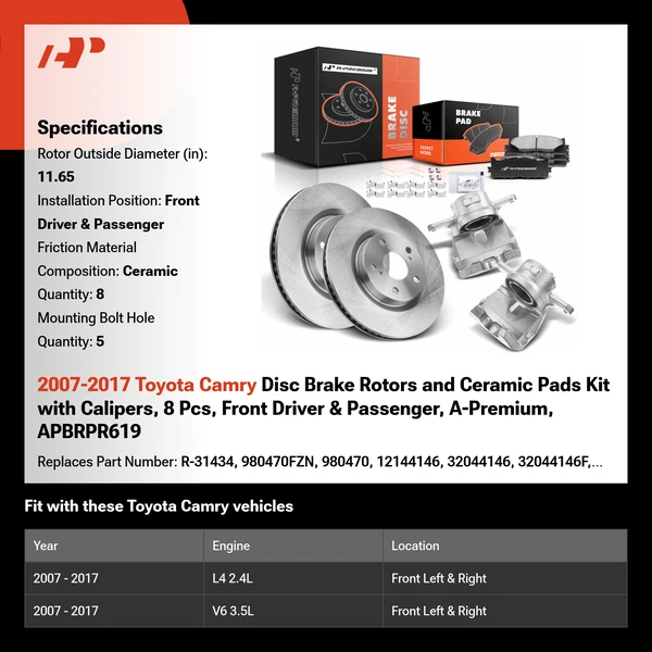 2007-2017 Toyota Camry Disc Brake Rotors and Ceramic Pads Kit with Calipers, 8 Pcs, Front Driver & Passenger, A-Premium, APBRPR619