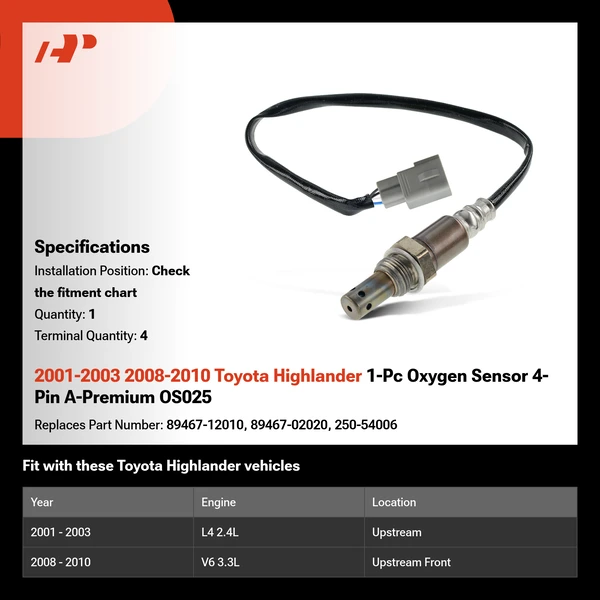 2001-2003 2008-2010 Toyota Highlander 1-Pc Oxygen Sensor 4-Pin A-Premium OS025