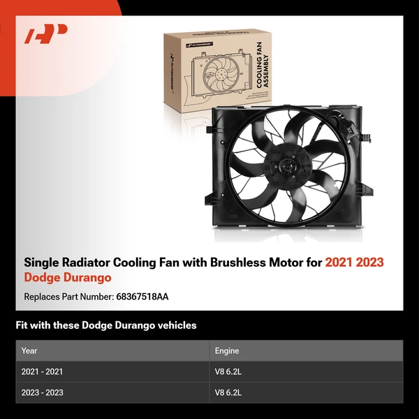Single Radiator Cooling Fan with Brushless Motor for 2021 2023 Dodge Durango