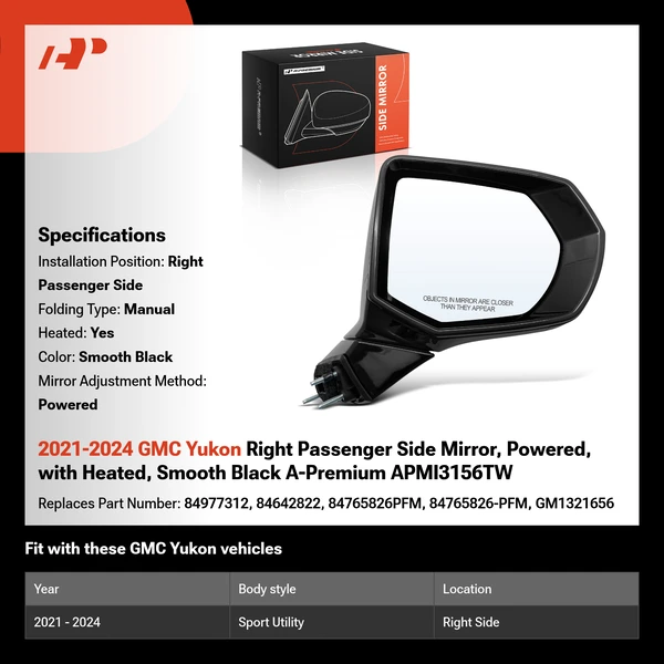 2021-2024 GMC Yukon Right Passenger Side Mirror, Powered, with Heated, Smooth Black A-Premium APMI3156TW