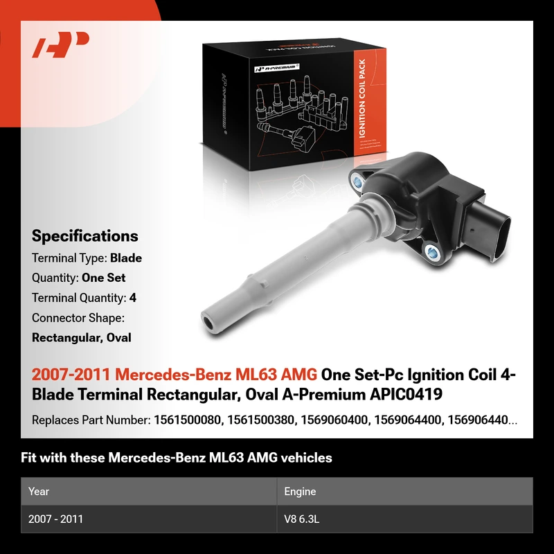 2007-2011 Mercedes-Benz ML63 AMG One Set-Pc Ignition Coil 4-Blade Terminal Rectangular, Oval A-Premium APIC0419
