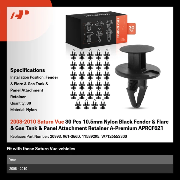 2008-2010 Saturn Vue 30 Pcs 10.5mm Nylon Black Fender & Flare & Gas Tank & Panel Attachment Retainer A-Premium APRCF621