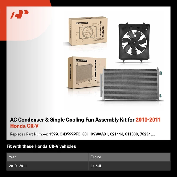 AC Condenser & Single Cooling Fan Assembly Kit for 2010-2011 Honda CR-V