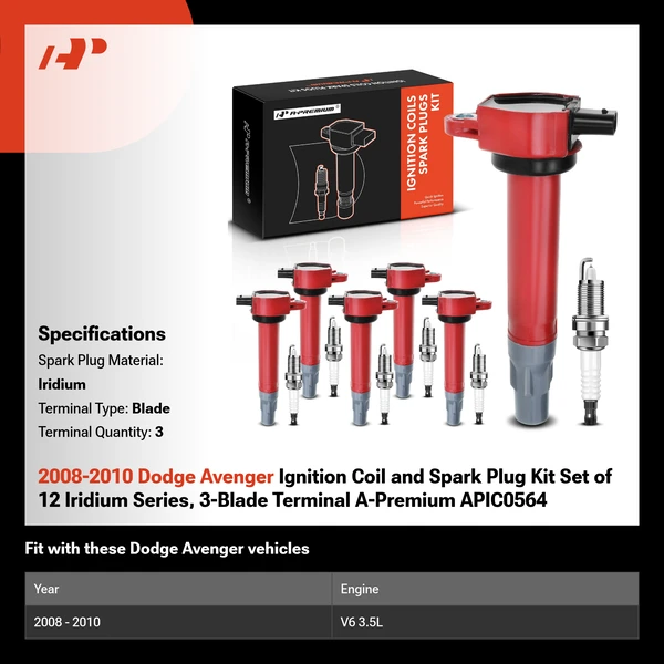 2008-2010 Dodge Avenger Ignition Coil and Spark Plug Kit Set of 12 Iridium Series, 3-Blade Terminal A-Premium APIC0564