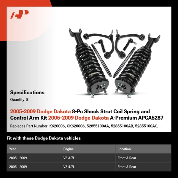 2005-2009 Dodge Dakota 8-Pc Shock Strut Coil Spring and Control Arm Kit 2005-2009 Dodge Dakota A-Premium APCA5287
