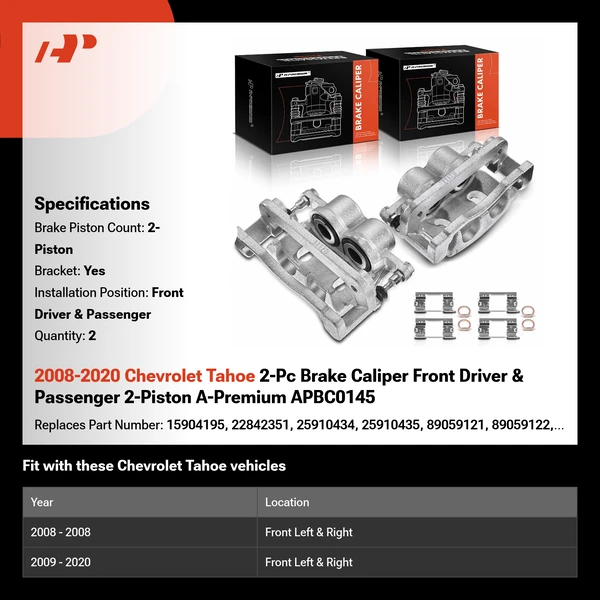 2008-2020 Chevrolet Tahoe 2-Pc Brake Caliper Front Driver & Passenger 2-Piston A-Premium APBC0145