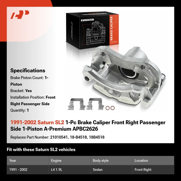 1991-2002 Saturn SL2 1-Pc Brake Caliper Front Right Passenger Side 1-Piston A-Premium APBC2626