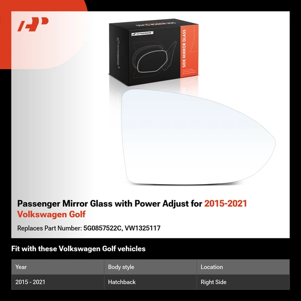 Passenger Mirror Glass with Power Adjust for 2015-2021 Volkswagen Golf