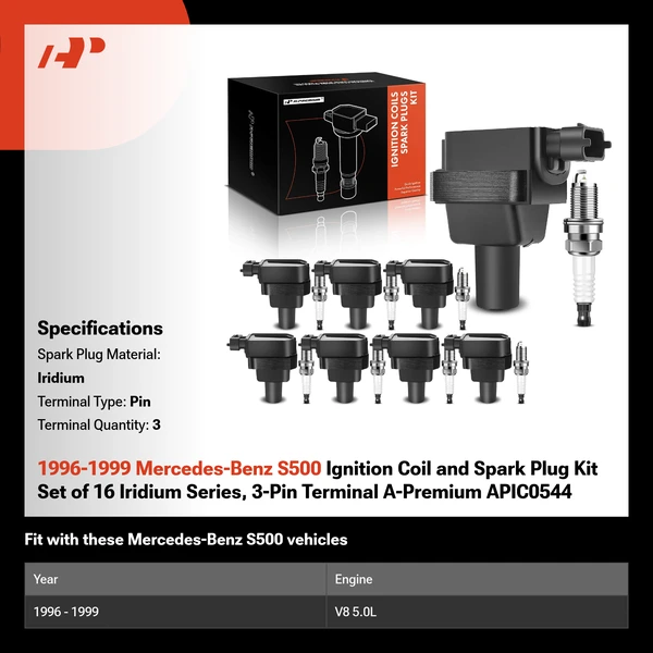 1996-1999 Mercedes-Benz S500 Ignition Coil and Spark Plug Kit Set of 16 Iridium Series, 3-Pin Terminal A-Premium APIC0544