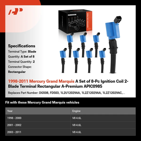 1998-2011 Mercury Grand Marquis A Set of 8-Pc Ignition Coil 2-Blade Terminal Rectangular A-Premium APIC0985