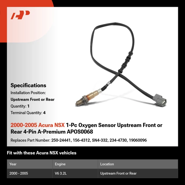 2000-2005 Acura NSX 1-Pc Oxygen Sensor Upstream Front or Rear 4-Pin A-Premium APOS0068