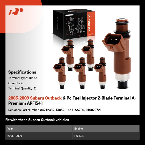 2005-2009 Subaru Outback 6-Pc Fuel Injector 2-Blade Terminal A-Premium APFI541