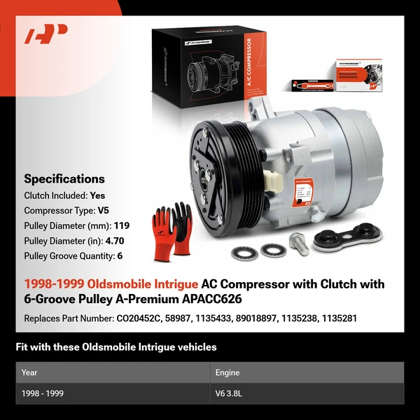 1998-1999 Oldsmobile Intrigue AC Compressor with Clutch with 6-Groove Pulley A-Premium APACC626