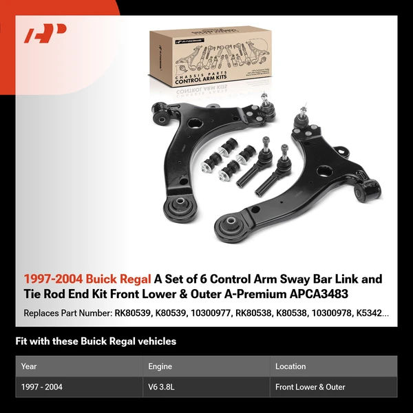 1997-2004 Buick Regal A Set of 6 Control Arm Sway Bar Link and Tie Rod End Kit Front Lower & Outer A-Premium APCA3483