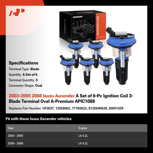 2003-2005 2008 Isuzu Ascender A Set of 6-Pc Ignition Coil 3-Blade Terminal Oval A-Premium APIC1088