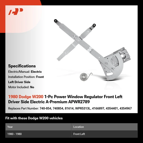 1980 Dodge W200 1-Pc Power Window Regulator Front Left Driver Side Electric A-Premium APWR2789